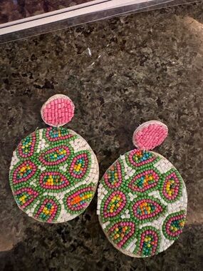 Hand-Beaded Round Drop Earrings in Pink & Green Mosaic